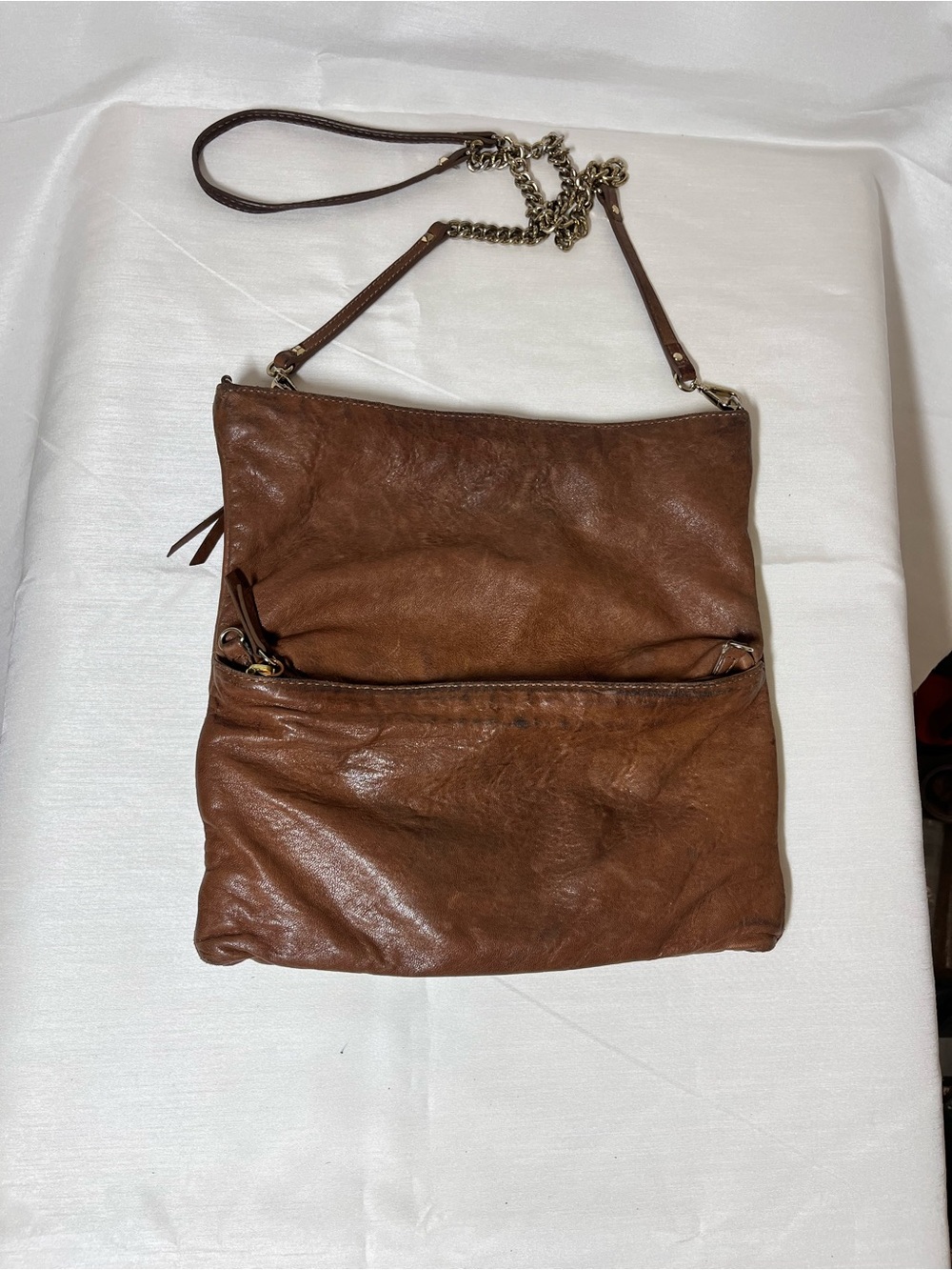 Stella & Dot Cognac Leather Waverly Foldover Crossbody Clutch |